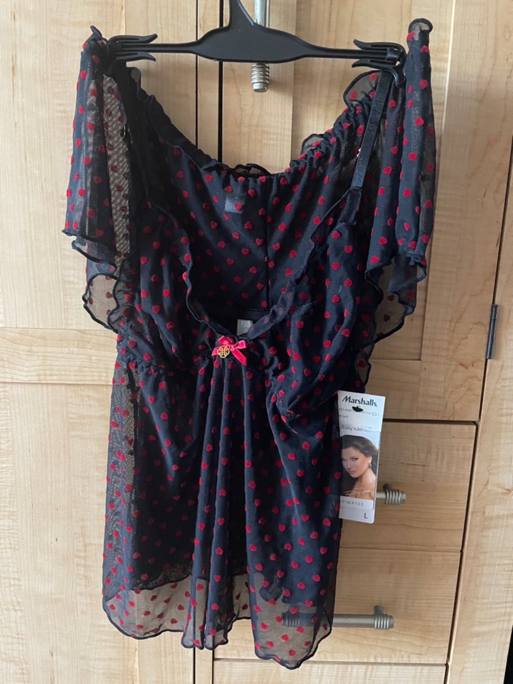 NWT Daisy Fuentes Black Sheer Polka Dot Babydoll with Red Heart Accents